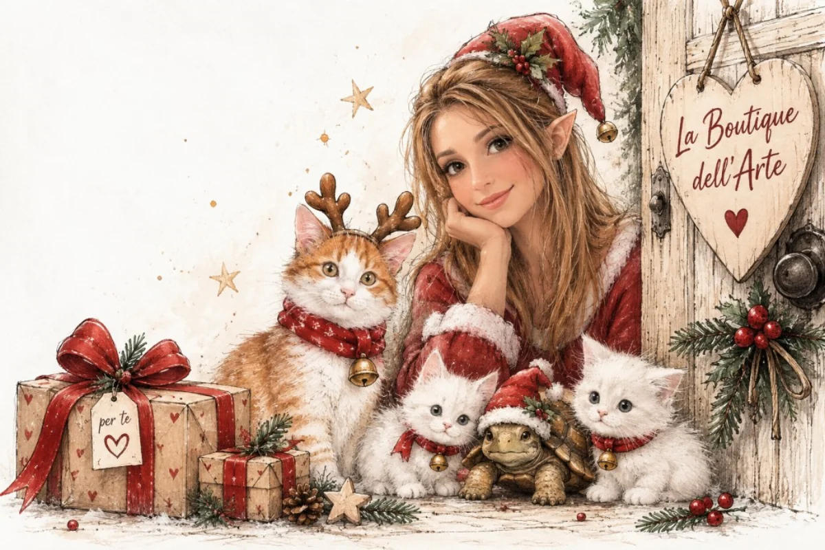 Atmosfera natalizia della Boutique dell’Arte con regali e confezioni di Natale