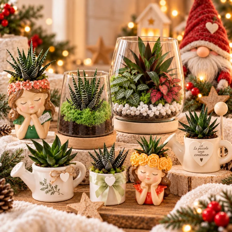 Piantine succulente in vasetti decorativi come idee regalo di Natale